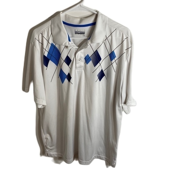 Diamond Print Golf Polo Shirt Large Argyle White Blue Men’s Basic Editions - Picture 1 of 5